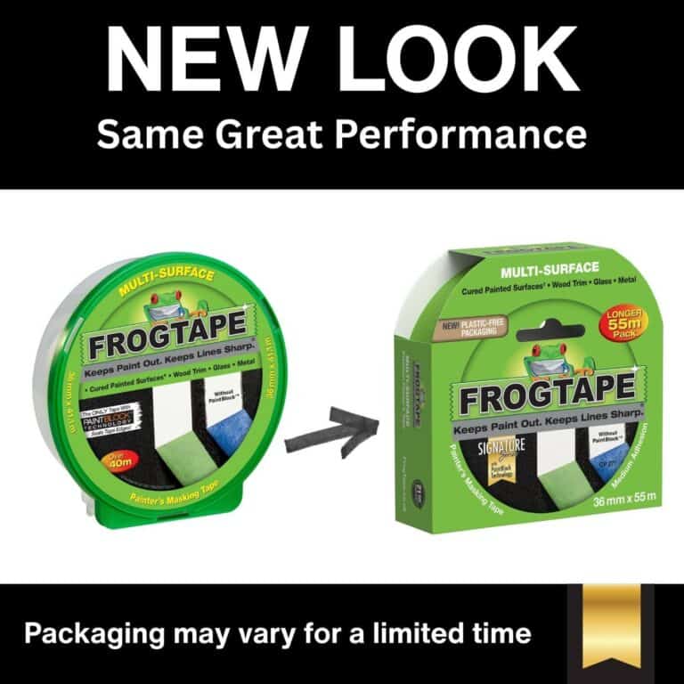 FrogTape Multi-Surface painter's tape in green packaging, designed for various surfaces including painted walls, wood trim, glass, and metal, with a 55m length.