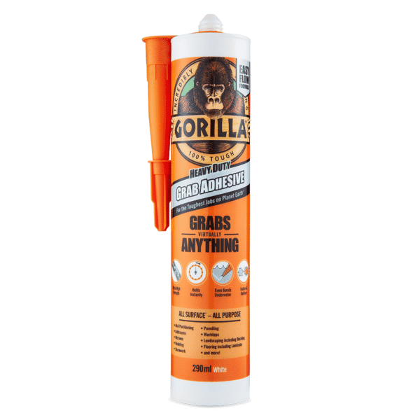 Gorilla Heavy-Duty Grab Adhesive 290 ml cartridge for strong bonding in DIY projects.