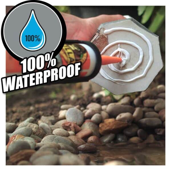Applying Gorilla Heavy-Duty Grab Adhesive to a tile for waterproof bonding, ideal for DIY home decorating projects.