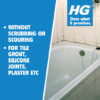 Bathroom with tiled wall and bathtub, promoting HG mould remover spray for cleaning black mould and mildew without scrubbing.
