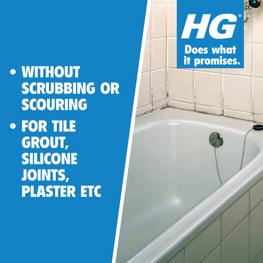 Bathroom with tiled wall and bathtub, promoting HG mould remover spray for cleaning black mould and mildew without scrubbing.