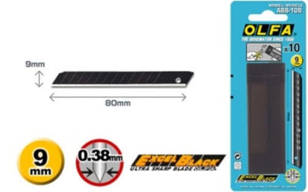 Olfa Snap Off Knife Blades Black 9mm ABB-10B, pack of 10.