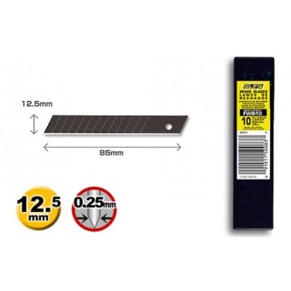 Olfa Snap Off Wallpaper Knife Blades 9mm (10pk) – replacement blades for wallpaper knives. Image of size of blade next to blade holder.