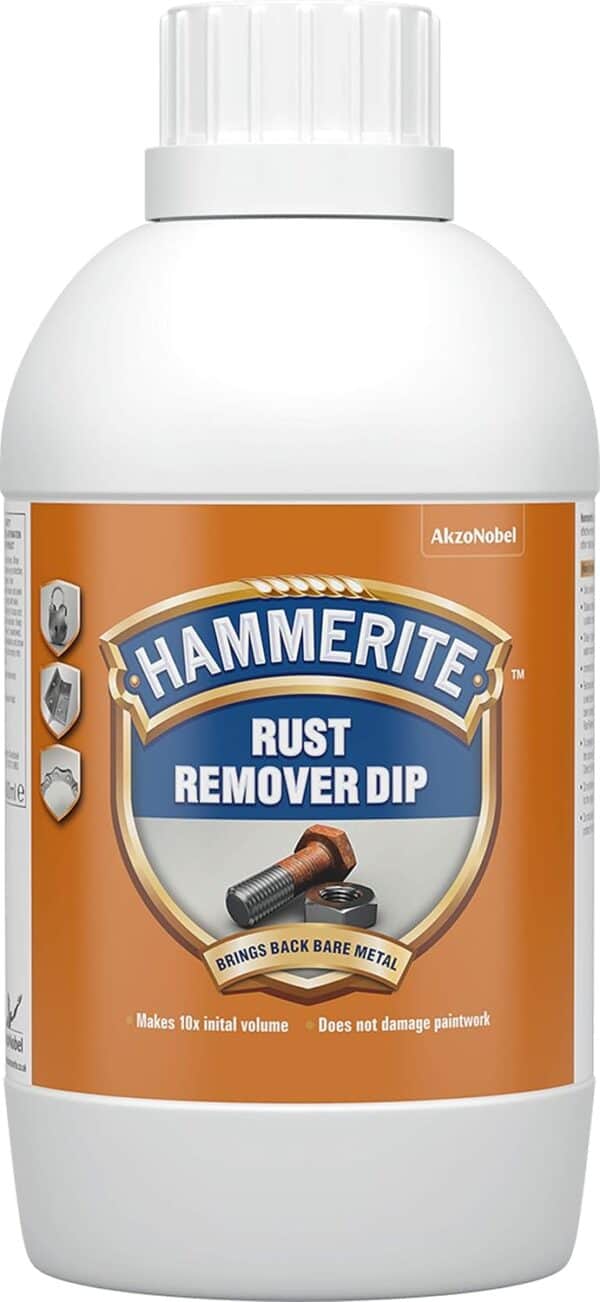 Rust-removing dip for tools, hardware, and small metal parts.