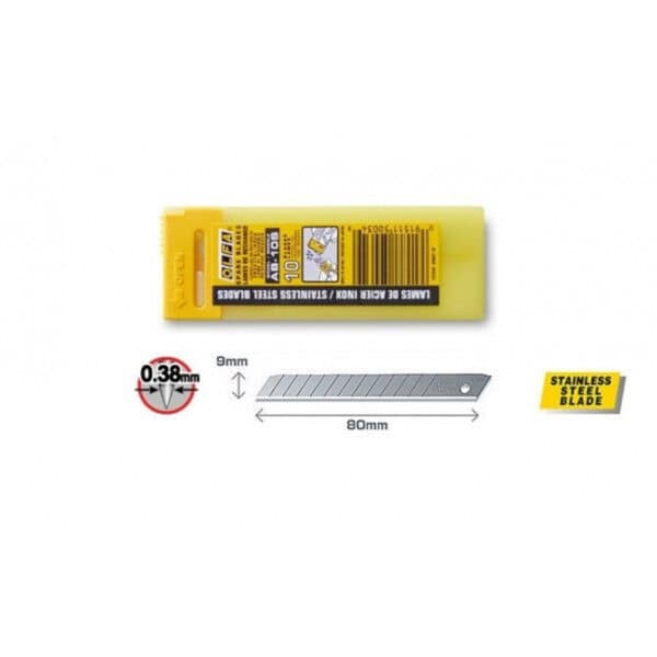 Olfa Endurance Snap Off Blades 9mm AB-10S (10pk) – long-life replacement blades. Blade shown out of packageing with dimensions.