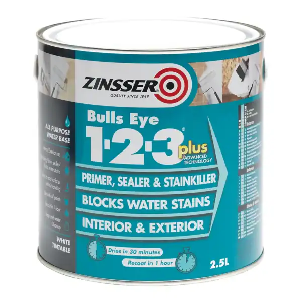 Zinsser Bulls Eye 1-2-3 Plus Primer 2.5l – advanced all-surface stain-blocking primer and sealer