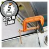 Clamping tool on a workbench with a timer indicating 5 minutes for setting time.