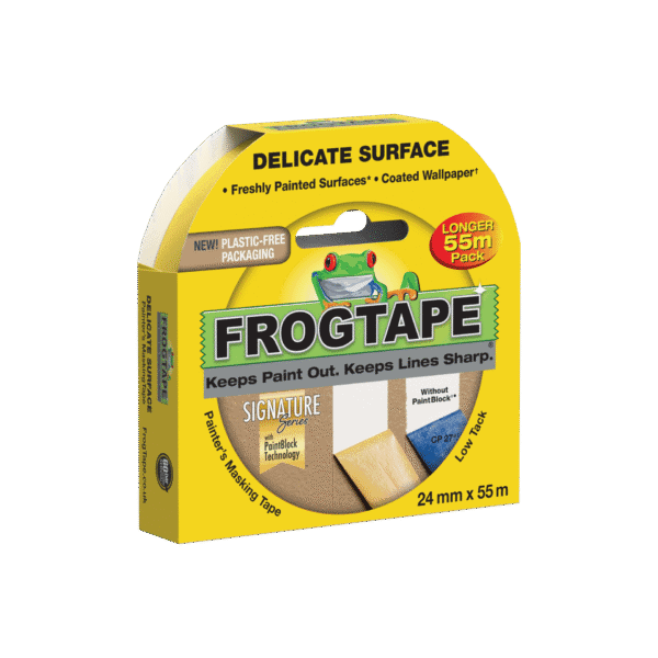 FrogTape Delicate Surface painter's tape in yellow packaging with frog logo, designed for painted surfaces and delicate projects, 24mm x 55m length.