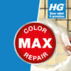 HG Color Max Repair tile kit for grout and tile repair, featuring a hand applying the repair compound to a tiled wall.