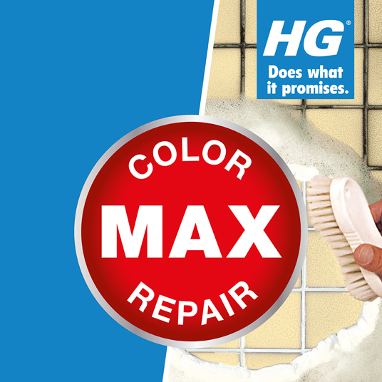 HG Color Max Repair tile kit for grout and tile repair, featuring a hand applying the repair compound to a tiled wall.