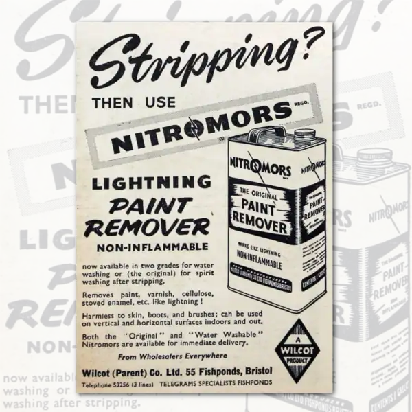 Vintage advertisement for Nitromors all-purpose paint remover, highlighting its fast-acting gel for paint, varnish, and lacquer removal.