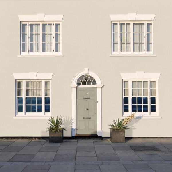 Front view of a white house with four symmetrical windows and a central door, decorated with potted plants on a paved walkway.