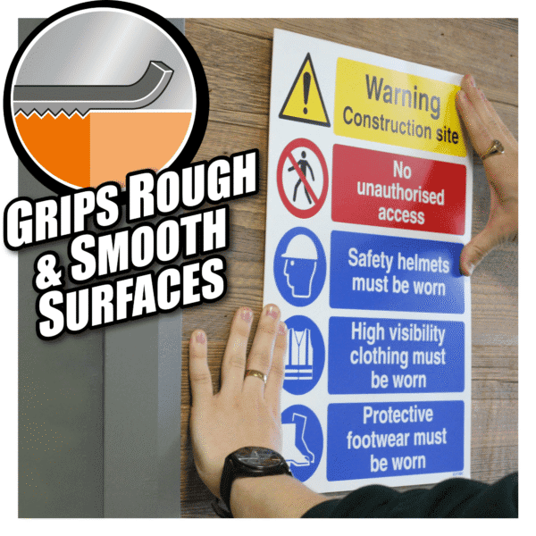 Close-up of safety and warning signs at Stringers Home Decorating Centre, including construction site warning, no access, safety helmets, high visibility clothing, and protective footwear.