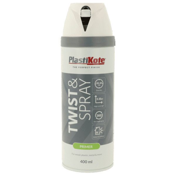 A 400ml can of PlastiKote Twist & Lock Spray Paint Primer designed for multi-surface use, ideal for wood, plastic, and metal.