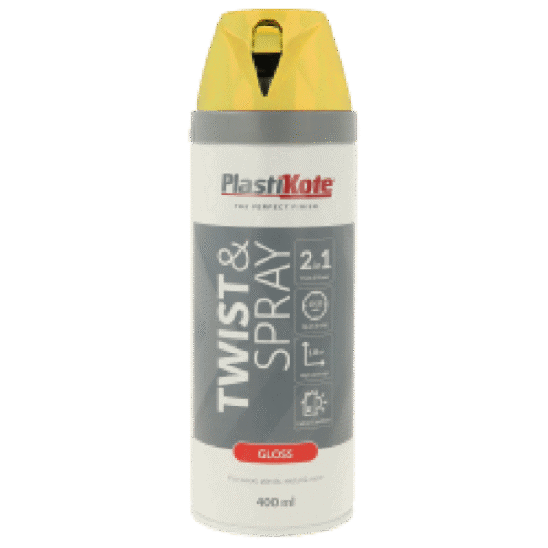 PlastiKote Premium Twist & Lock Gloss Spray Paint 400ml yellow – durable high-sheen finish for home and DIY projects.