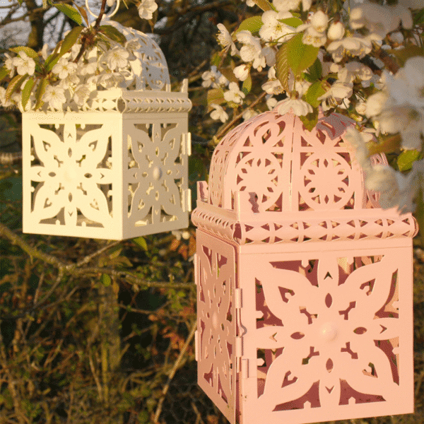 Decorative lanterns hanging from blossoming tree branches, featuring intricate cut-out patterns in pastel pink and cream colors.