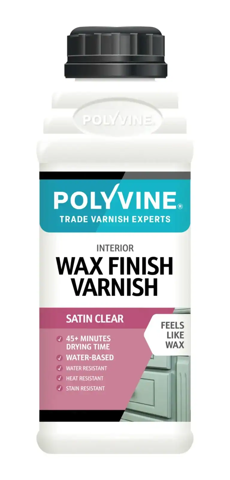 Polyvine Wax Finish Varnish Satin 500ml – Durable wax-effect varnish for interior wood protection.