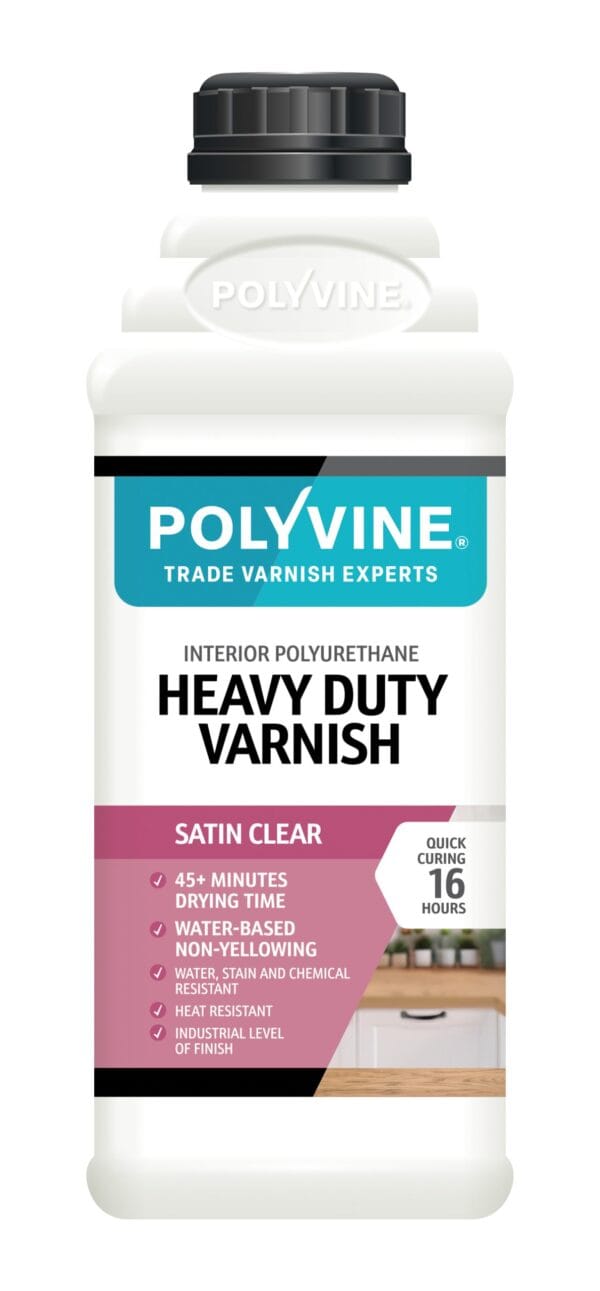 Polyvine Heavy Duty Interior Satin Clear Varnish 1L – durable, tintable using Polyvine acrylic colourants. Giving protective coating for wood.