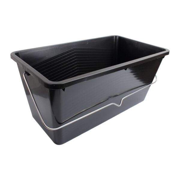 Black plastic paint scuttle with reinforced handle and ridged inner base 25l.