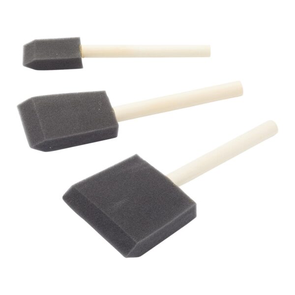 Set of three Fit For The Job foam paint brushes with wooden handles unpackaged fanned out showing sizes.