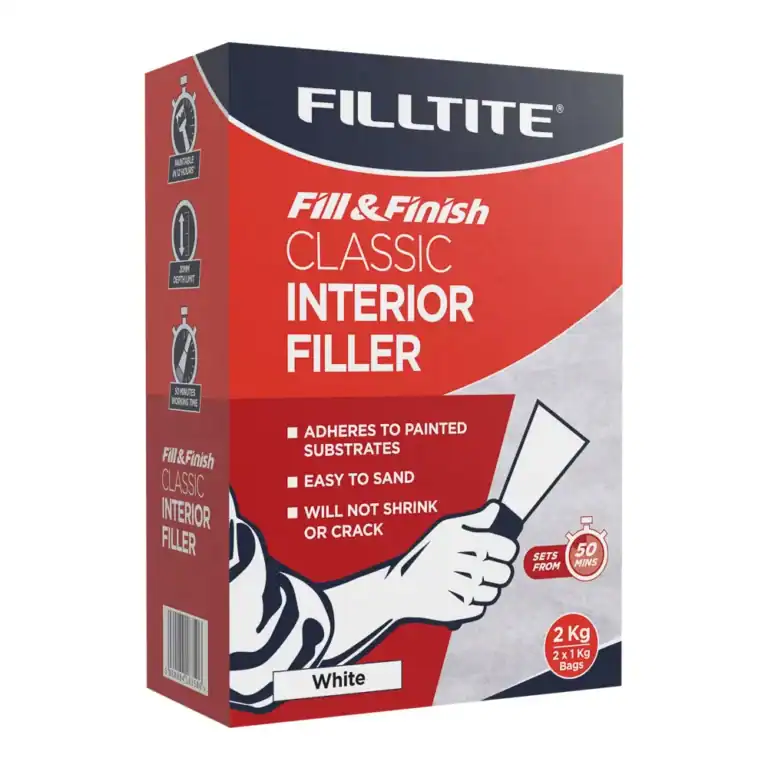 Filltite Fill & Finish Classic Interior White Powder Filler 2kg – 2 x 1kg bags for wall and ceiling repairs.