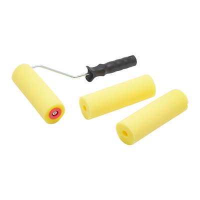 Paint roller set with two yellow foam rollers and a black handle, ideal for home decorating projects.