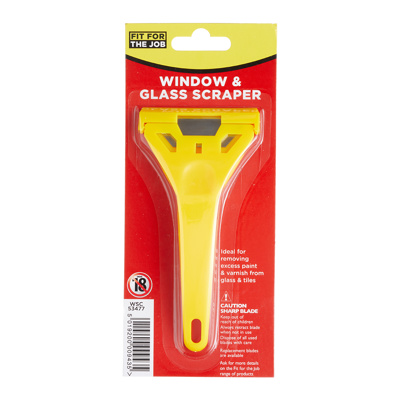 Fit For The Job window and glass scraper with yellow handle in retail packaging.
