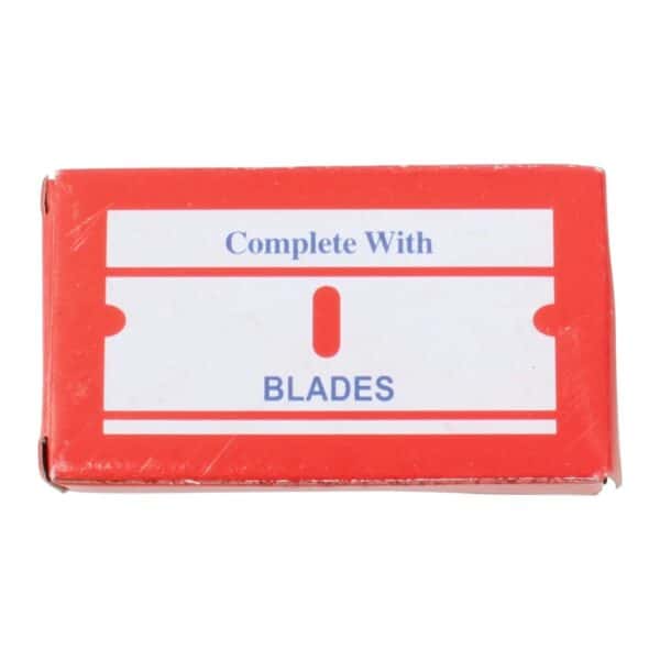 Pack of five ProDec razor-edge blades in box– designed for light paint and residue removal with ergonomic scraper handle.