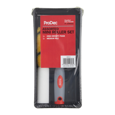 ProDec 4 inch assorted mini roller set in retail packaging.