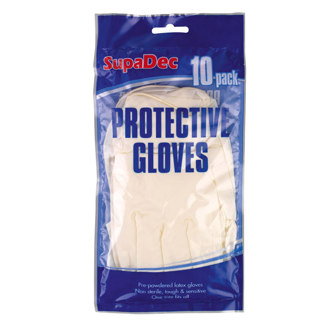 SupaDec latex disposable gloves 10 pack in retail packaging.
