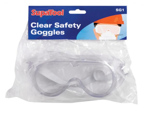 SupaTool clear safety goggles in retail packaging.