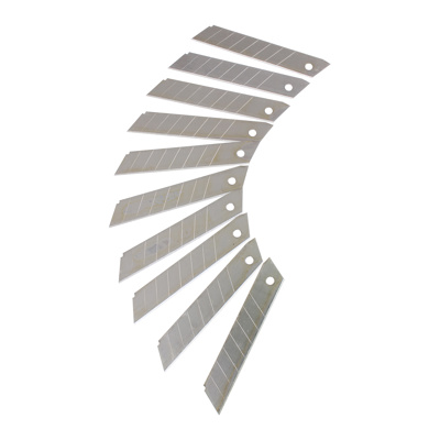 Fit For The Job segmented 18mm snap-off knife blades displayed fanned out.