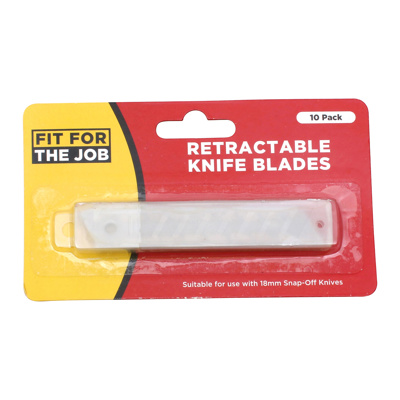 Pack of 10 retractable snap-off knife blades suitable for 18mm snap-off knives, ideal for precise cutting tasks in DIY and decorating projects.