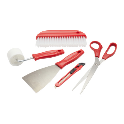 Fit For The Job wallpaper hanging tools including smoother, brush, roller, knife, and scissors.