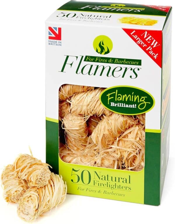 Flamers 50pk natural wax firelighters for wood burners and barbecues.