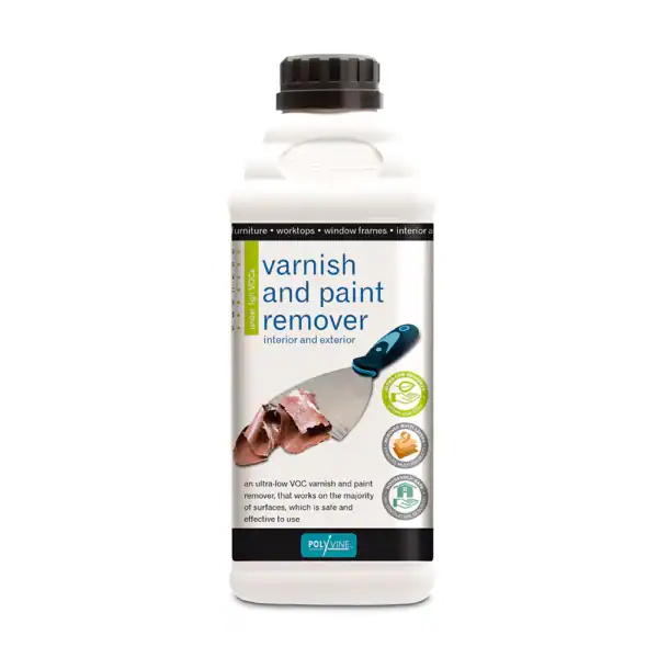 Polyvine Paint & Varnish Remover 1 L bottle – eco-friendly, ultra-low VOC gel stripper for removing multiple layers of paint and varnish from wood, metal, and masonry.