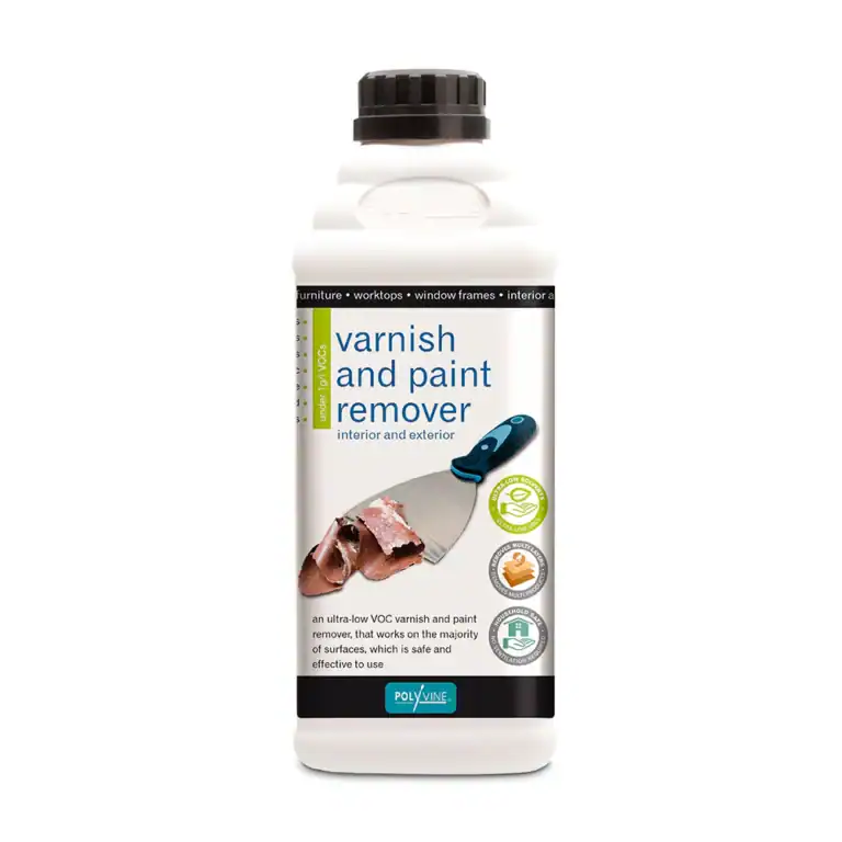 Polyvine Paint & Varnish Remover 1 L bottle – eco-friendly, ultra-low VOC gel stripper for removing multiple layers of paint and varnish from wood, metal, and masonry.