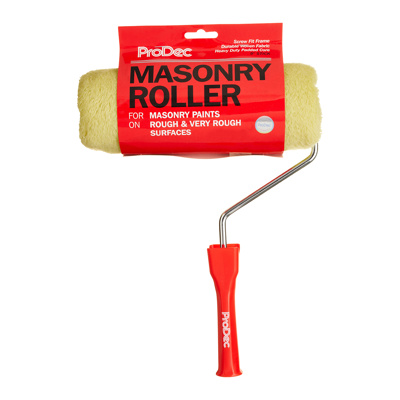 ProDec 9 inch padded long pile masonry roller and frame in retail packaging.