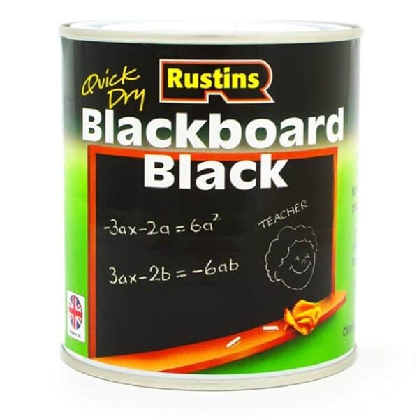 Rustins Quick Dry Blackboard Paint Black 250ml – smooth matt finish for chalkboards and creative DIY surfaces.