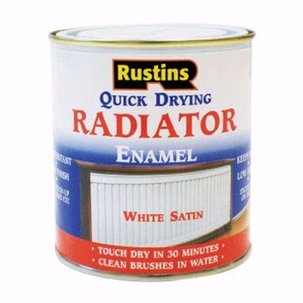 Rustins Quick Dry Radiator Paint – White Satin finish in 250ml tin