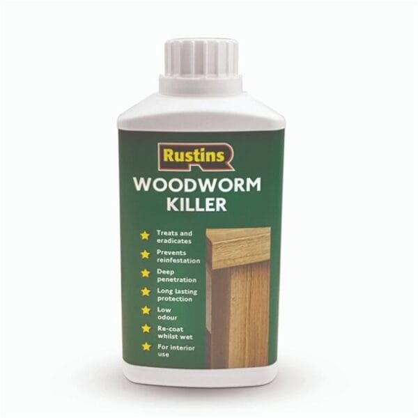 “Rustins Woodworm Killer 250ml bottle – wood treatment for eradicating wood-boring insects, with deep penetration and long-lasting protection for interior timber”
