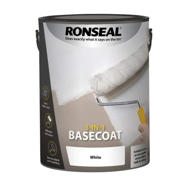 Ronseal 3 in 1 Basecoat white 5L tin showing covers hairline cracks, obliterates bold colours, and seals new plaster