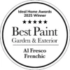 Award badge for Best Paint Garden & Exterior 2025 from Stringers Home Decorating Centre, featuring five stars and product details.