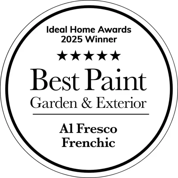 Award badge for Best Paint Garden & Exterior 2025 from Stringers Home Decorating Centre, featuring five stars and product details.