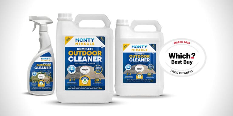 Monty Miracle Complete Outdoor Cleaner shown in all three sizes — 750ml, 2L, and 5L — with Which? Best Buy March 2026 badge