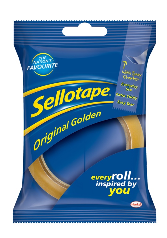 Sellotape Original Golden tape 24mm x 50m shown in blue retail packaging