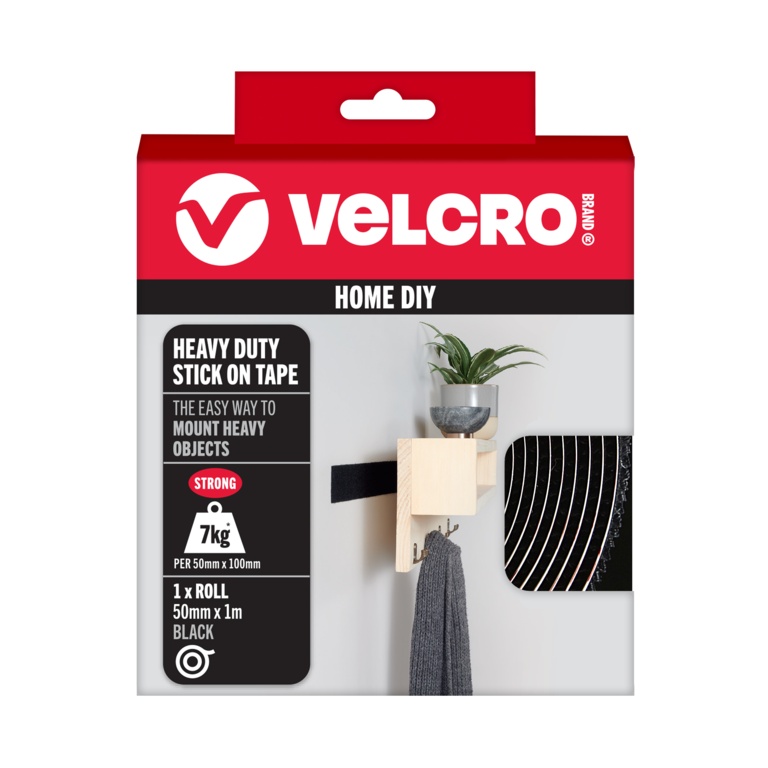 VELCRO Brand Heavy Duty Stick On Tape black 50mm x 1m shown in retail packaging with 7kg holding power label
