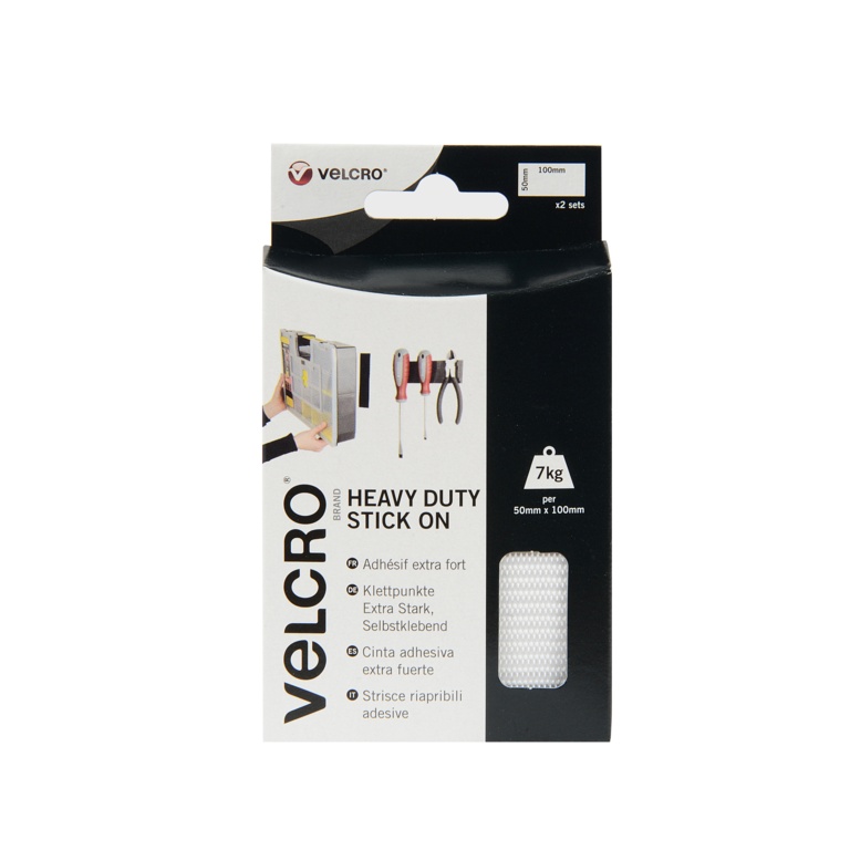 VELCRO Brand Heavy Duty Stick On Strips white 50mm x 100mm 2 pack in retail packaging