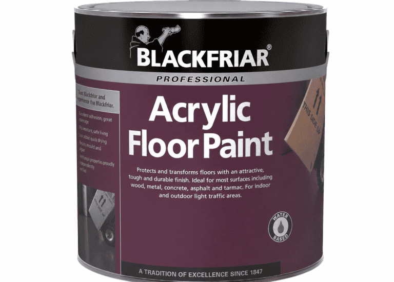 Blackfriar Professional Acrylic Floor Paint tin with a dark maroon label, black lid section, silver detailing and white product lettering, shown against a white background.